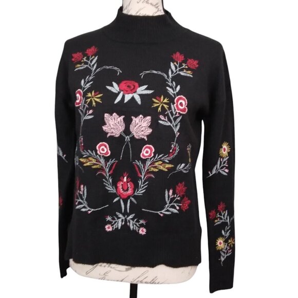 Wyld Hart | Black Embroidered Sweater Mock Turtleneck Pull On | Size M - Picture 1 of 9